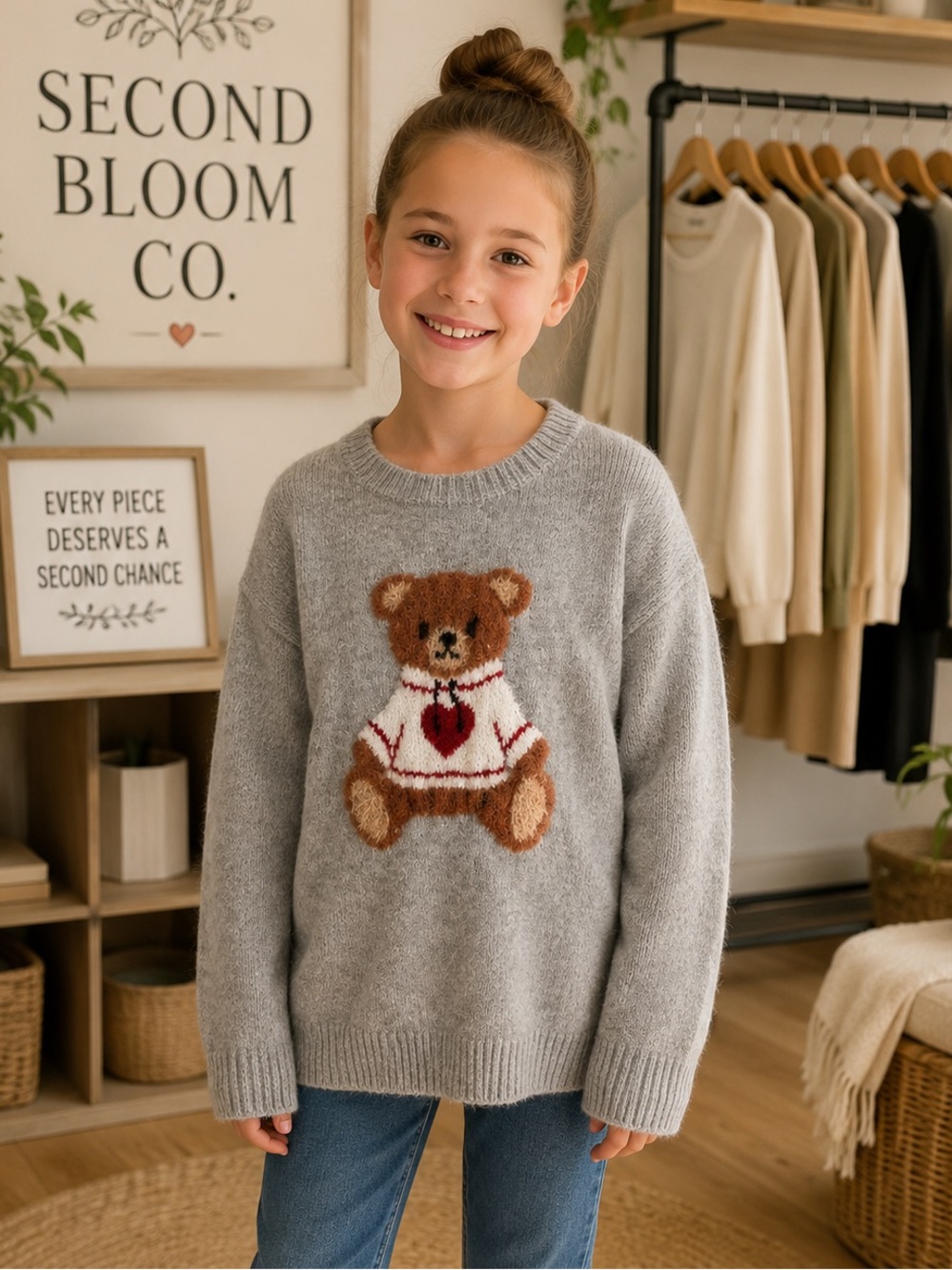 Art Class Girls Teddy Bear Sweater Size L 10/12 NWT Gray Fuzzy Heart Knit